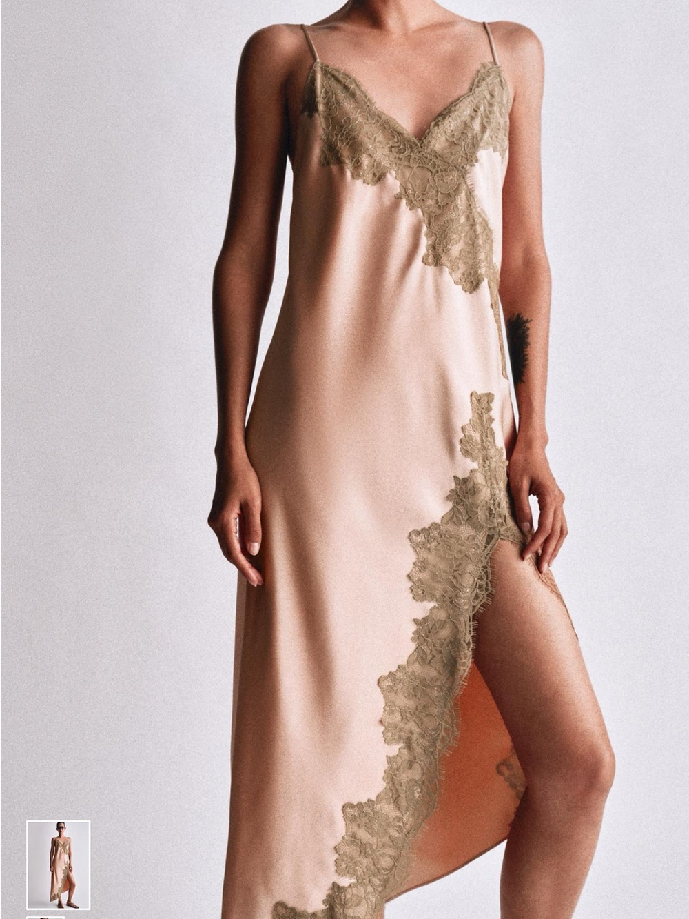 Zara Blush Satin Slip with Olive Lace Insets